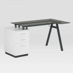 Modern Home Office Computer Desk with Smoke Tempered Glass Top & Storage White - Techni Mobili