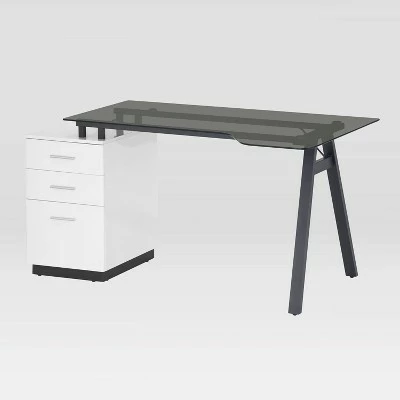 Modern Home Office Computer Desk with Smoke Tempered Glass Top & Storage White - Techni Mobili 5 Modern Home Office Computer Desk with Smoke Tempered Glass Top & Storage White - Techni Mobili - Image 3