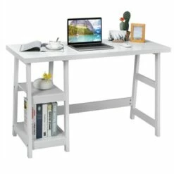 Costway Trestle Computer Desk Home Office Workstation w/Removable Shelves Vintage BlueWhite -Outlet Desks Store unnamed file 2506