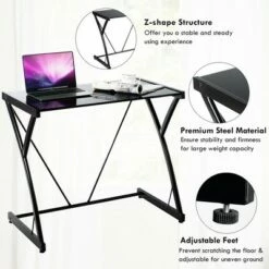 Costway Glass Top Computer Desk Laptop Writing Study Workstation Z-Shaped Metal Frame -Outlet Desks Store unnamed file 2697