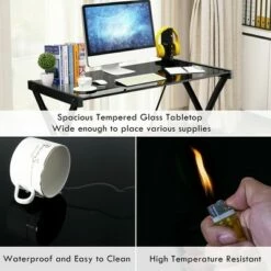 Costway Glass Top Computer Desk Laptop Writing Study Workstation Z-Shaped Metal Frame -Outlet Desks Store unnamed file 2698