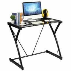 Costway Glass Top Computer Desk Laptop Writing Study Workstation Z-Shaped Metal Frame -Outlet Desks Store unnamed file 2700
