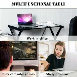 Costway Glass Top Computer Desk Laptop Writing Study Workstation Z-Shaped Metal Frame -Outlet Desks Store unnamed file 2883