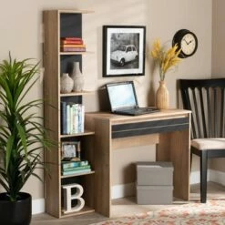 Levi Two-Tone Wood Desk with Shelves Black/Oak Brown - Baxton Studio -Outlet Desks Store unnamed file 3037