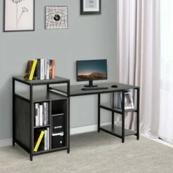 HomCom Computer Desk Table with Shelves and Open Storage Shelves