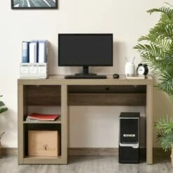 HOMCOM Rectangle Computer Desk with Thick Board and Display Shelves for Home Office Table Workstation Natural Wood