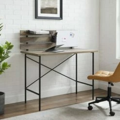 Urban Industrial Plank Writing Desk with Office Accessories - Saracina Home Gray Wash