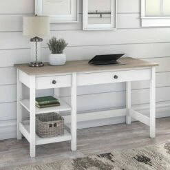 54W Mayfield Computer Desk with Shelves Shiplap Gray/Pure White - Bush Furniture