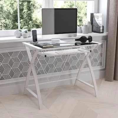 Flash Furniture Clear Tempered Glass Computer Desk with White Pull-Out Keyboard Tray and White Crisscross Frame 3 Flash Furniture Clear Tempered Glass Computer Desk with White Pull-Out Keyboard Tray and White Crisscross Frame