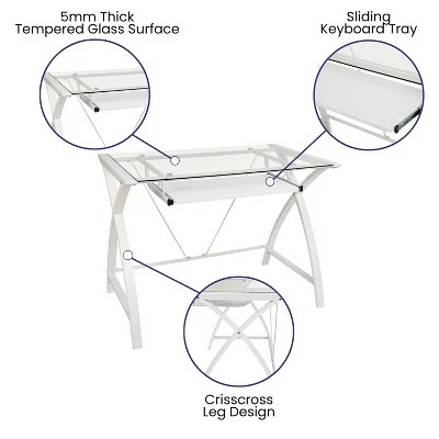 Flash Furniture Clear Tempered Glass Computer Desk with White Pull-Out Keyboard Tray and White Crisscross Frame 4 Flash Furniture Clear Tempered Glass Computer Desk with White Pull-Out Keyboard Tray and White Crisscross Frame - Image 2