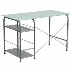 Glass Computer Desk with Open Storage - Silk White Glass Top/Silver Frame - Riverstone Furniture Collection