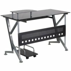 Glass Computer Desk with Pull - Out Keyboard Tray and Cpu Cart - Black Glass Top/Silver Frame - Riverstone Furniture Collection