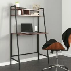 Merrick Lane Computer Desk Modern Cherry Wood Grain Home Office Desk with Storage Shelves and Black Metal Ladder Frame