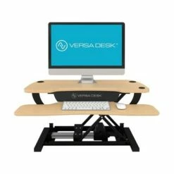 VersaDesk 36 Inch Power Pro Electric Powered Ergonomic Standing Desk Converter with LED Light Illuminated Keyboard and Mouse Tray, Maple Woodgrain