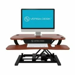 VersaDesk 36 Inch Power Pro Electric Powered Ergonomic Standing Desk Converter with LED Light Illuminated Keyboard and Mouse Tray, Cherry Woodgrain
