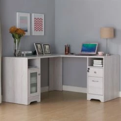 Ghally Locking Drawer L-Shape Desk with USB Ports White Oak - miBasics