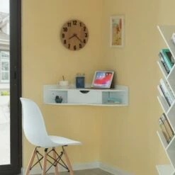 Basicwise Corner Desk Heart Shaped Wall Mounted Office Table with Drawer and Two Shelves Computer Writing Desk