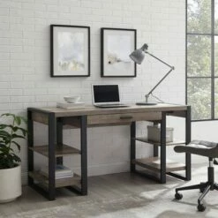 60" Industrial Farmhouse Tech Desk with USB - Saracina Home Dark Walnut
