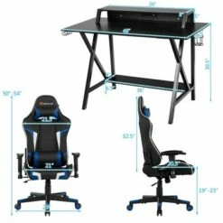 Costway Gaming Computer Desk&Massage Gaming Chair Set w/Monitor Shelf Power Strip
