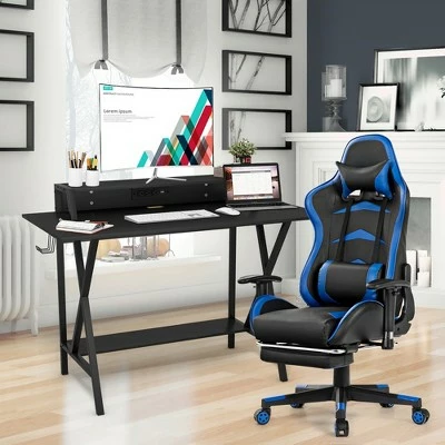 Costway Gaming Desk&Massage Gaming Chair Set w/ Footrest Monitor Shelf Power Strip Blue 4 Costway Gaming Desk&Massage Gaming Chair Set w/ Footrest Monitor Shelf Power Strip Blue - Image 2