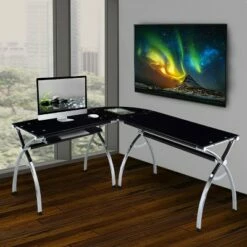 L Shaped Colored Tempered Glass Top Desk with Pull Out Keyboard Tray Black - Techni Mobili