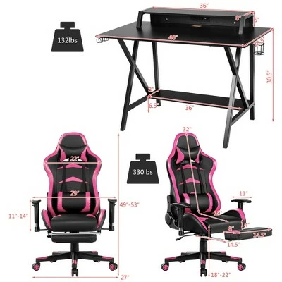 Costway Gaming Desk&Massage Gaming Chair Set w/ Footrest Monitor Shelf Power Strip Pink 3 Costway Gaming Desk&Massage Gaming Chair Set w/ Footrest Monitor Shelf Power Strip Pink