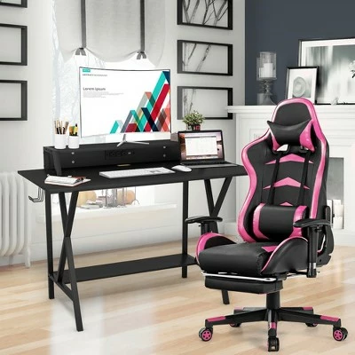 Costway Gaming Desk&Massage Gaming Chair Set w/ Footrest Monitor Shelf Power Strip Pink 4 Costway Gaming Desk&Massage Gaming Chair Set w/ Footrest Monitor Shelf Power Strip Pink - Image 2