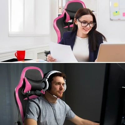 Costway Gaming Desk&Massage Gaming Chair Set w/ Footrest Monitor Shelf Power Strip Pink 5 Costway Gaming Desk&Massage Gaming Chair Set w/ Footrest Monitor Shelf Power Strip Pink - Image 3