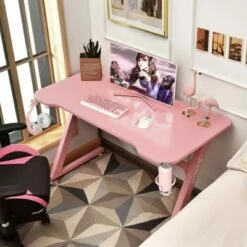 Costway 47'' Gaming Desk Z-Shaped Computer Table w/ Cup Holder Headphone Hook Pink -Outlet Desks Store unnamed file 6435