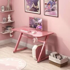 Costway 47'' Gaming Desk Z-Shaped Computer Table w/ Cup Holder Headphone Hook Pink -Outlet Desks Store unnamed file 6436