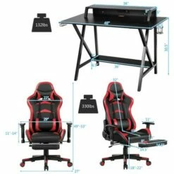 Costway Gaming Desk&Massage Gaming Chair Set w/ Footrest Monitor Shelf Power Strip Red