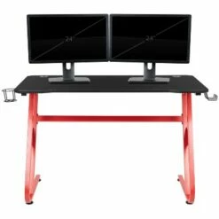 Gaming Ergonomic Desk with Cup Holder and Headphone Hook - Riverstone Furniture Red