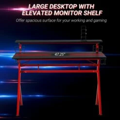 HomCom 47" Gaming Desk Computer Table with Elevated Monitor Stand, Headphone Hook, Cup Holder, and Controller Rack -Outlet Desks Store unnamed file 6701