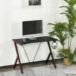 HomCom Carbon Fiber Surface Gaming Computer Desk Workstation with Cup Holder, Headphone Hook and Cable Management