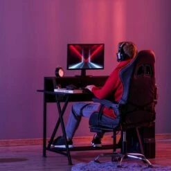 HOMCOM Racing Gaming Desk Carbon Fiber Style Computer Table with Elevated Monitor Shelf Headphone Hook and Cup Holder Black