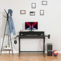 HOMCOM Racing Gaming Desk Carbon Fiber Style Computer Table with Elevated Monitor Shelf Headphone Hook and Cup Holder Black -Outlet Desks Store unnamed file 6754