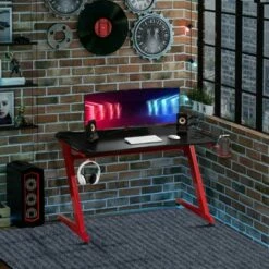 HOMCOM Home Office Gaming Desk Computer Writing Table with Large Workstation Cup Holder Headphone Rack Gamepad Rack Black and Red