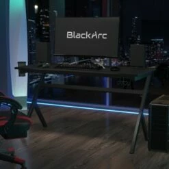 BlackArc Black Gaming Desk Featuring Detachable Cupholder/Headphone Hook, Two Cable Management Holes & Removable Mousepad Top
