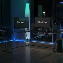 BlackArc Gaming Desk with Clear Glass Top and Black Powder Coated Metal Frame - L-Shaped 79" Diagonal Width - 8mm Tempered Glass