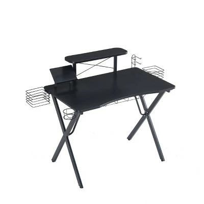 Ergonomic Metal Computer Gaming Desk with X Shape Legs and Elevated Shelf Black - The Urban Port 5 Ergonomic Metal Computer Gaming Desk with X Shape Legs and Elevated Shelf Black - The Urban Port - Image 3
