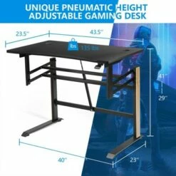 Costway Pneumatic Height Adjustable Gaming Desk T Shaped Game Station w/Power Strip Tray