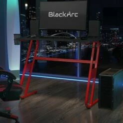 BlackArc Gaming Desk - Laminate Top - "S" Shaped Steel Frame - Detachable Cupholder/Headphone Hook-2 Cable Management Holes