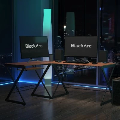 BlackArc L-Shaped Gaming Desk Teakwood Finish Laminate Top-Black Powder Coated Frame-Pull Out Keyboard-87" Overall Diagonal Width 3 BlackArc L-Shaped Gaming Desk Teakwood Finish Laminate Top-Black Powder Coated Frame-Pull Out Keyboard-87" Overall Diagonal Width