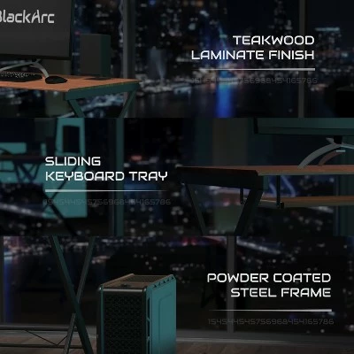 BlackArc L-Shaped Gaming Desk Teakwood Finish Laminate Top-Black Powder Coated Frame-Pull Out Keyboard-87" Overall Diagonal Width 4 BlackArc L-Shaped Gaming Desk Teakwood Finish Laminate Top-Black Powder Coated Frame-Pull Out Keyboard-87" Overall Diagonal Width - Image 2