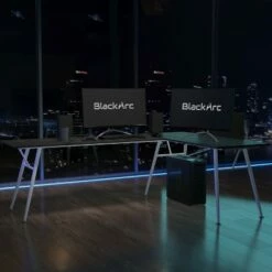 BlackArc Black Gaming Desk with L-Shaped 89.5" Diagonal Width - Black Laminate Top and Powder Coated Silver Metal Frame