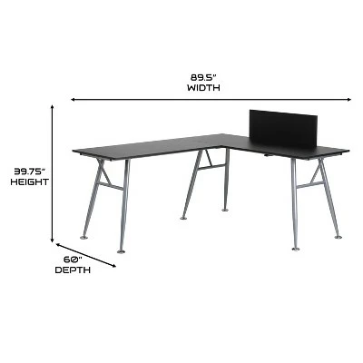 BlackArc Black Gaming Desk with L-Shaped 89.5" Diagonal Width - Black Laminate Top and Powder Coated Silver Metal Frame 5 BlackArc Black Gaming Desk with L-Shaped 89.5" Diagonal Width - Black Laminate Top and Powder Coated Silver Metal Frame - Image 3