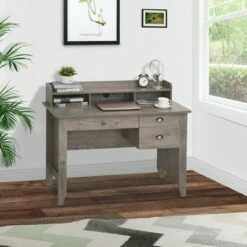 HOMCOM Computer Table Writing Desk with Hutch 3 Drawers Open Cabinets Top Shelf Wide Tabletop Cable Management Grey