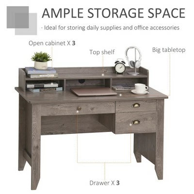 HOMCOM Computer Table Writing Desk with Hutch 3 Drawers Open Cabinets Top Shelf Wide Tabletop Cable Management Grey 5 HOMCOM Computer Table Writing Desk with Hutch 3 Drawers Open Cabinets Top Shelf Wide Tabletop Cable Management Grey - Image 3