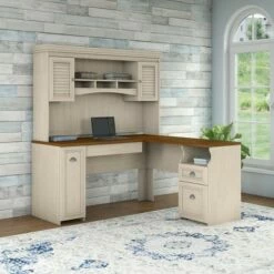 Fairview L Shaped Desk with Hutch Antique White - Bush Furniture
