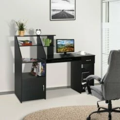 HOMCOM Computer Desk with Sliding Keyboard & Storage Shelves Cabinet and Drawer Home Office Gaming Table Workstation Black Wood Grain